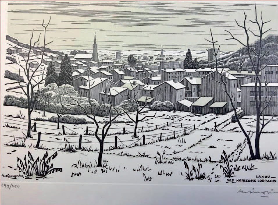 Gravures sur bois : Le village de Laxou