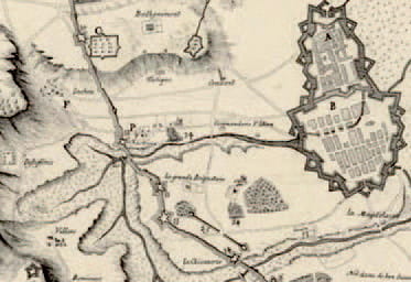 Emplacement du Fort des Chartreux au 17e siècle. Extrait d'un plan de Nancy 1633