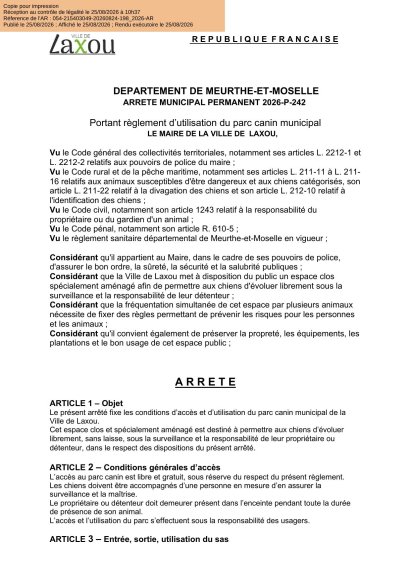 Arrete municipal permanent parc canin municipal